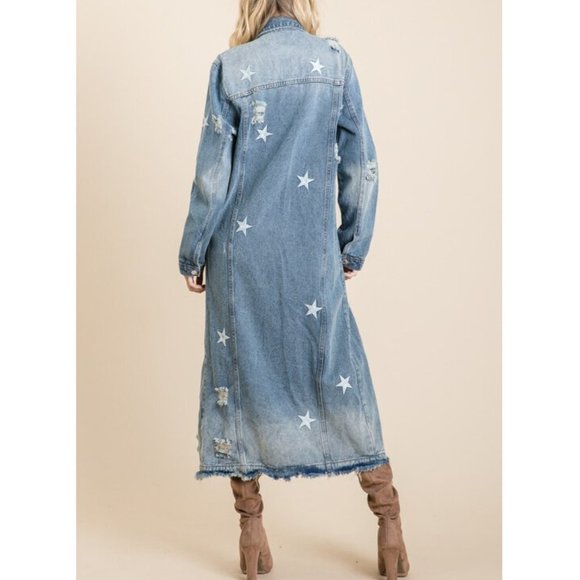 Star Distressed Long Maxi Denim Jean Jacket Coat - Picture 7 of 9